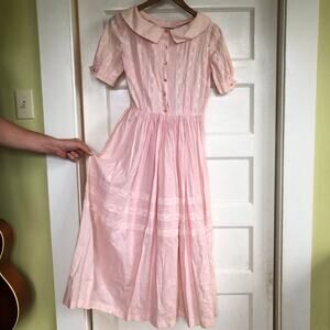 Vintage 1950s Pink Lace Peter Pan Collar Dress Handmade XS/S Praire Cottagecore